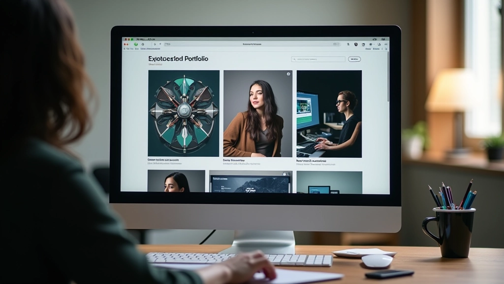 Pantalla de computadora mostrando portafolio de motion design con varios proyectos en galería
